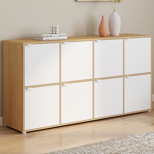 Buffet Casier 139 Cm Cassie 8 Portes Blanc Et Bois
