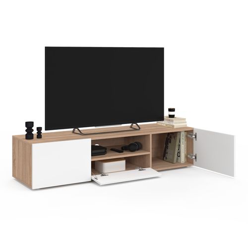 Meuble TV 140 Cm Eli Bois Façon Hêtre Portes Blanches