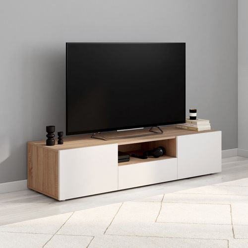 Meuble TV 140 Cm Eli Bois Façon Hêtre Portes Blanches