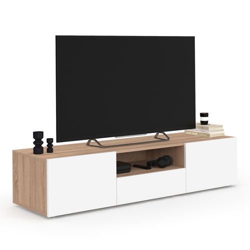 Meuble TV 140 Cm Eli Bois Façon Hêtre Portes Blanches