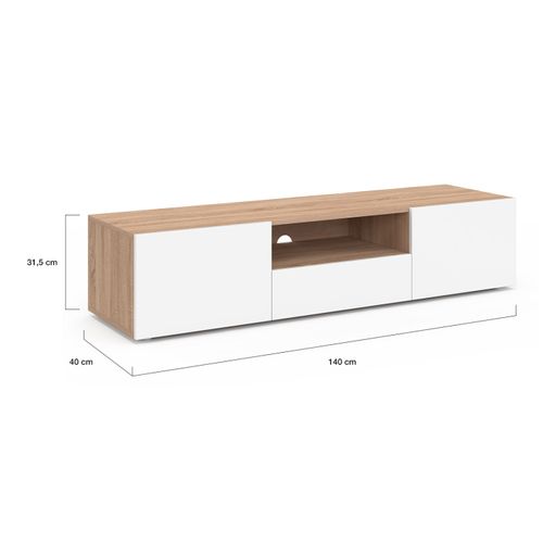 Meuble TV 140 Cm Eli Bois Façon Hêtre Portes Blanches