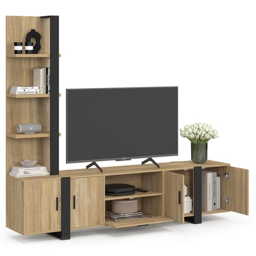 Ensemble Meuble TV Avec Étagères Et Placard 200 Cm Phoenix Bois Et Noir