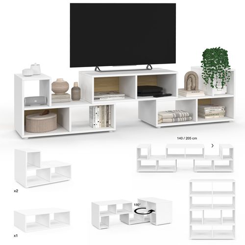 Meuble TV Combiné 3 Pièces Modulables Leonard Pour Salon Chambre Et Bureau, 140-205 X 30 X 43 Cm