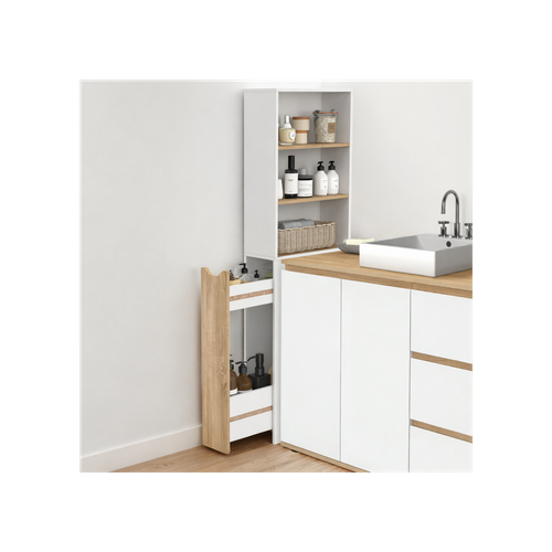 Meuble Colonne Salle De Bain Tomi Gain De Place Desserte 2 Niveaux Avec Tiroirs Et 3 Étagères Façon