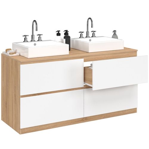 Meuble Double Vasque Suspendu Salle De Bain Tomi 120 Cm 4 Tiroirs Façon Hêtre Et Blanc