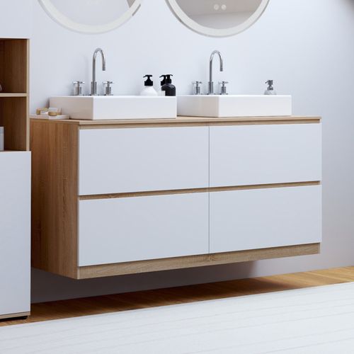Meuble Double Vasque Suspendu Salle De Bain Tomi 120 Cm 4 Tiroirs Façon Hêtre Et Blanc