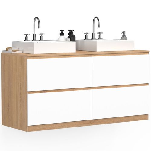 Meuble Double Vasque Suspendu Salle De Bain Tomi 120 Cm 4 Tiroirs Façon Hêtre Et Blanc
