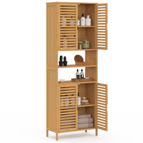 Meuble Armoire Colonne Salle De Bain Bambou Bea 4 Portes Et 2 Niches