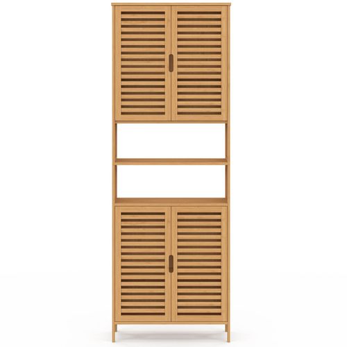 Meuble Armoire Colonne Salle De Bain Bambou Bea 4 Portes Et 2 Niches