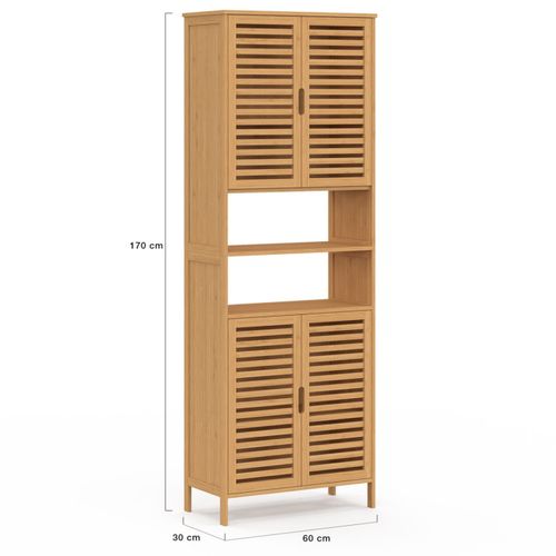 Meuble Armoire Colonne Salle De Bain Bambou Bea 4 Portes Et 2 Niches
