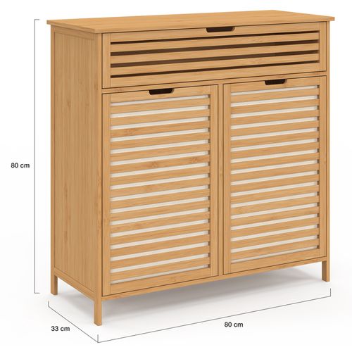 Meuble De Rangement Salle De Bain Bambou - 2 Paniers à Linge Amovibles 1 Tiroir Tissu Écru