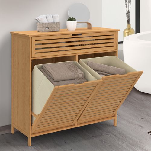 Meuble De Rangement Salle De Bain Bambou - 2 Paniers à Linge Amovibles 1 Tiroir Tissu Écru