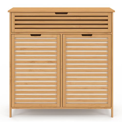 Meuble De Rangement Salle De Bain Bambou - 2 Paniers à Linge Amovibles 1 Tiroir Tissu Écru