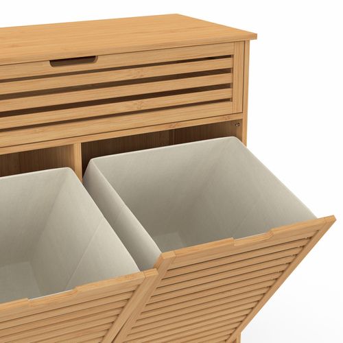 Meuble De Rangement Salle De Bain Bambou - 2 Paniers à Linge Amovibles 1 Tiroir Tissu Écru