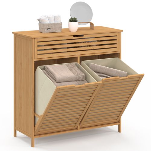 Meuble De Rangement Salle De Bain Bambou - 2 Paniers à Linge Amovibles 1 Tiroir Tissu Écru