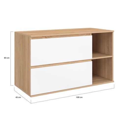 Meuble Sous Vasque Suspendu Salle De Bain Tomi 2 Tiroirs Et 2 Niches Façon Hêtre Et Blanc