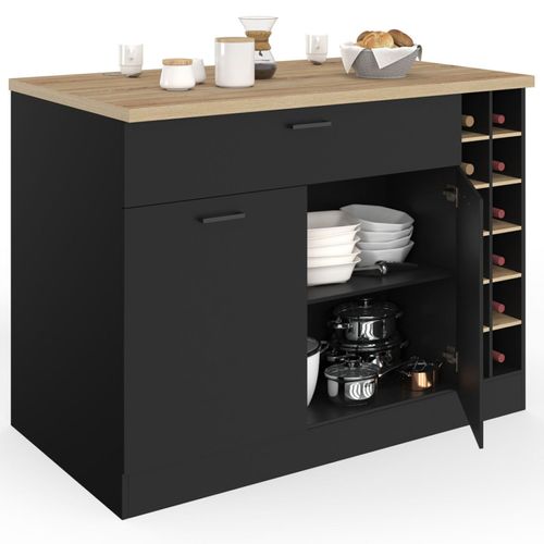 Ilot Central George Avec Range-bouteilles Placard Et Tiroir Bois Noir Avec Plan De Travail Façon Hêt