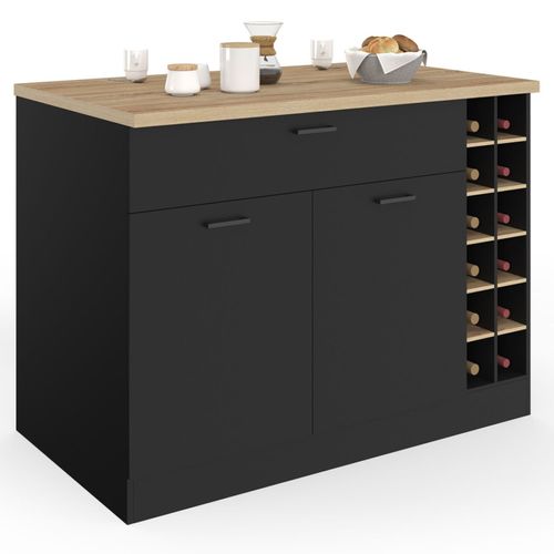 Ilot Central George Avec Range-bouteilles Placard Et Tiroir Bois Noir Avec Plan De Travail Façon Hêt