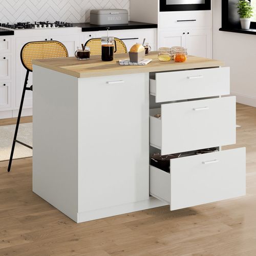 Ilot Central Tibo 110 Cm Casserolier 3 Tiroirs Bois Blanc Avec Plan De Travail Façon Hêtre