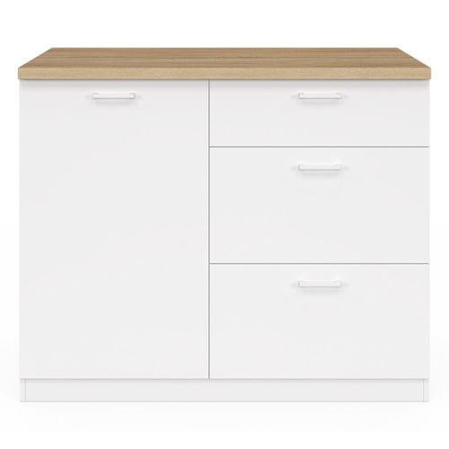 Ilot Central Tibo 110 Cm Casserolier 3 Tiroirs Bois Blanc Avec Plan De Travail Façon Hêtre