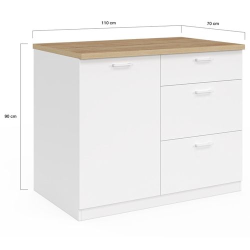 Ilot Central Tibo 110 Cm Casserolier 3 Tiroirs Bois Blanc Avec Plan De Travail Façon Hêtre