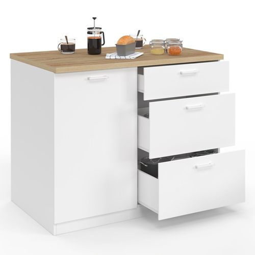 Ilot Central Tibo 110 Cm Casserolier 3 Tiroirs Bois Blanc Avec Plan De Travail Façon Hêtre