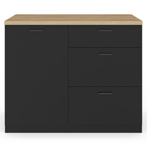 Ilot Central Tibo 110 Cm Casserolier 3 Tiroirs Bois Noir Avec Plan De Travail Façon Hêtre