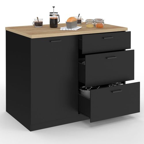 Ilot Central Tibo 110 Cm Casserolier 3 Tiroirs Bois Noir Avec Plan De Travail Façon Hêtre