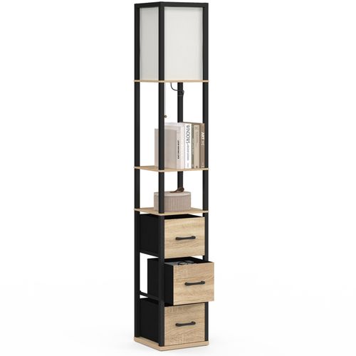 Lampadaire Industriel En Bois Noir Avec Étagères Bois Clair 3 Tiroirs Tissu Utah Et Abat-jour Carré