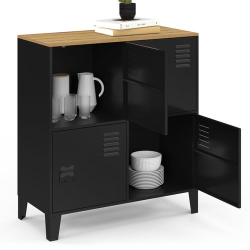 Buffet D'appoint Casier 70 Cm Ester 4 Portes En Métal Noir Plateau Bois Design Industriel