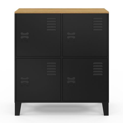 Buffet D'appoint Casier 70 Cm Ester 4 Portes En Métal Noir Plateau Bois Design Industriel