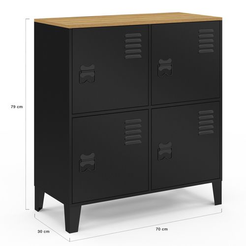 Buffet D'appoint Casier 70 Cm Ester 4 Portes En Métal Noir Plateau Bois Design Industriel