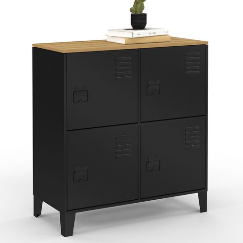 Buffet D'appoint Casier 70 Cm Ester 4 Portes En Métal Noir Plateau Bois Design Industriel
