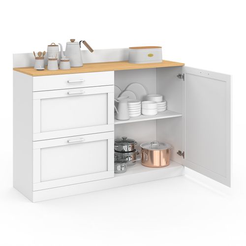 Buffet Bas De Cuisine 120 Cm Casserolier Vito Plan De Travail H.83 Cm 1 Porte + 3 Tiroirs Blanc Et P