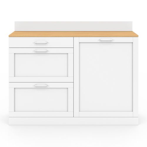 Buffet Bas De Cuisine 120 Cm Casserolier Vito Plan De Travail H.83 Cm 1 Porte + 3 Tiroirs Blanc Et P