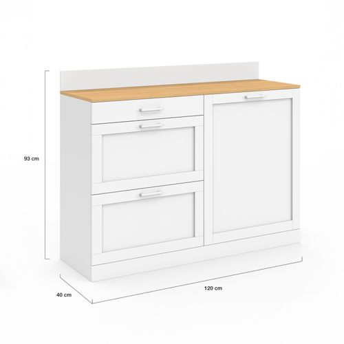 Buffet Bas De Cuisine 120 Cm Casserolier Vito Plan De Travail H.83 Cm 1 Porte + 3 Tiroirs Blanc Et P