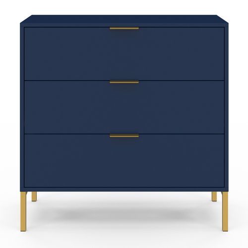 Commode 3 Tiroirs Blenia 80 Cm Bleu Nuit Et Finitions Dorées