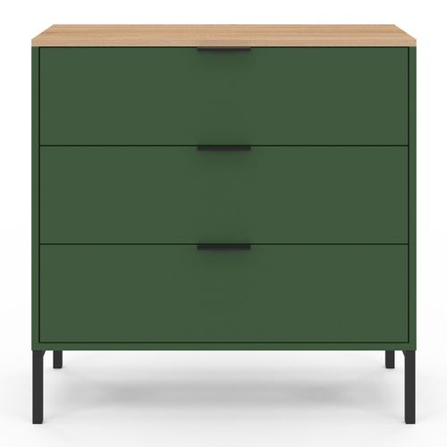 Commode 3 Tiroirs Kelia 80 Cm Vert Kaki Et Plateau Bois