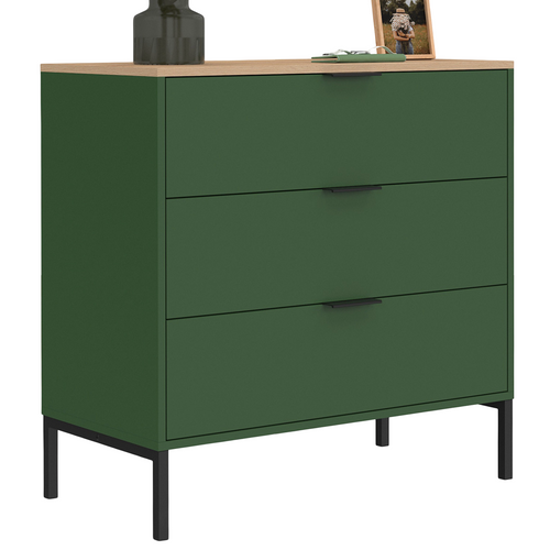 Commode 3 Tiroirs Kelia 80 Cm Vert Kaki Et Plateau Bois