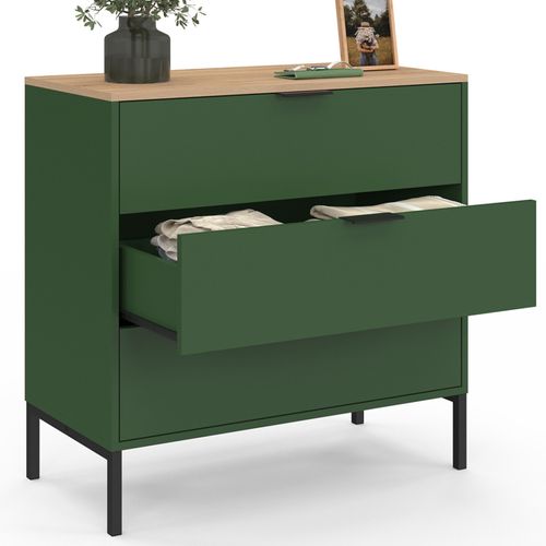 Commode 3 Tiroirs Kelia 80 Cm Vert Kaki Et Plateau Bois
