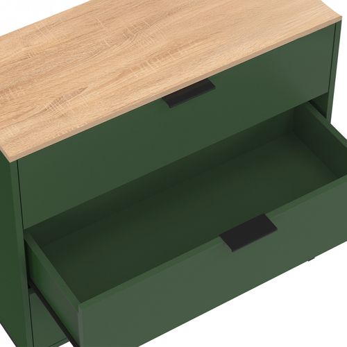 Commode 3 Tiroirs Kelia 80 Cm Vert Kaki Et Plateau Bois