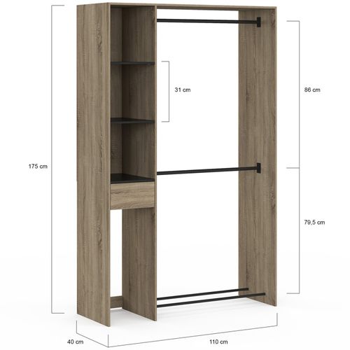 Dressing Double Penderie L. 110 Cm Mirty Avec Étagères + Tiroir + Rangements à Chaussures Hêtre Et N