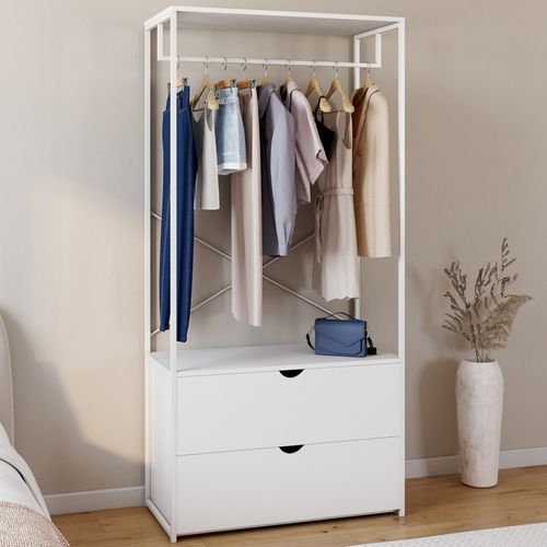 Dressing Penderie 2 Tiroirs L. 80 Cm Brooklyn Bois Blanc Et Métal Blanc
