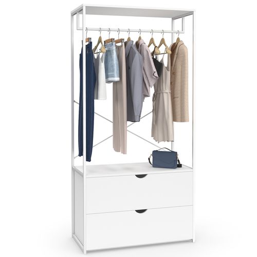 Dressing Penderie 2 Tiroirs L. 80 Cm Brooklyn Bois Blanc Et Métal Blanc