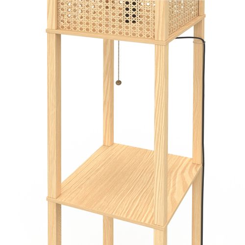Lampadaire Naturel En Bois Clair Avec Étagères Et Abat-jour Carré Effet Cannage
