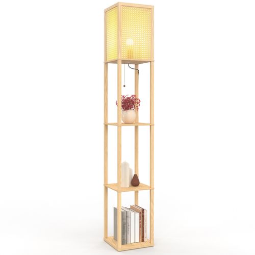 Lampadaire Naturel En Bois Clair Avec Étagères Et Abat-jour Carré Effet Cannage