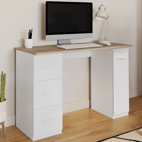 Bureau Droit Mae 3 Tiroirs Et Porte Placard Blanc Et Bois