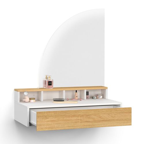 Coiffeuse Suspendue Zelia Miroir LED Avec 4 Niches, 1 Tiroir Bois Et Blanc