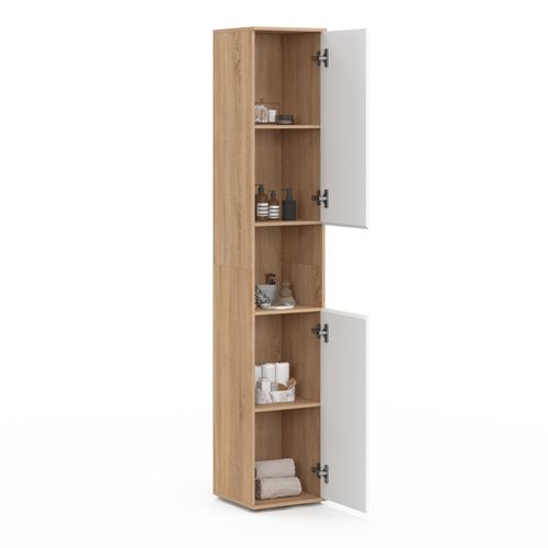 Meuble Colonne Salle De Bain Suspendu Tomi 2 Portes 1 Niche Façon Hêtre Et Blanc