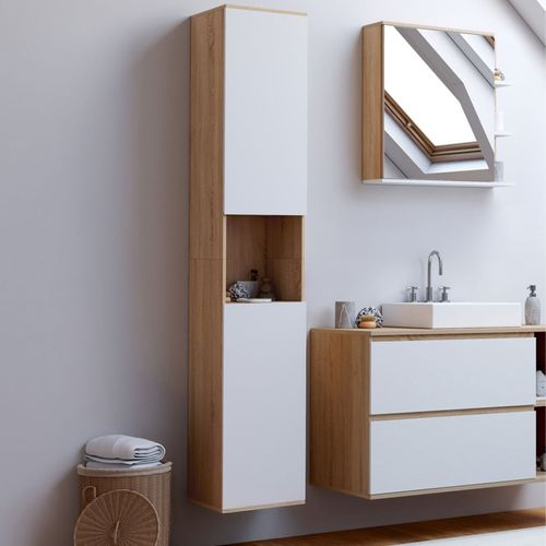Meuble Colonne Salle De Bain Suspendu Tomi 2 Portes 1 Niche Façon Hêtre Et Blanc